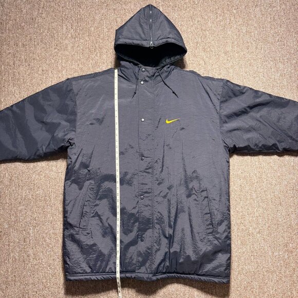 Vintage 90s Nike Dark Grey Navy Yellow Coach Puffer Long Jacket Large Zip Hood - Picture 4 of 12